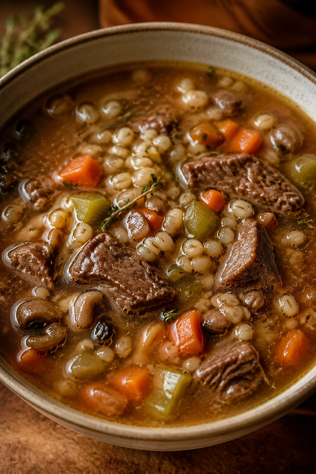 Beef and barley soup with visible barley pieces in broth