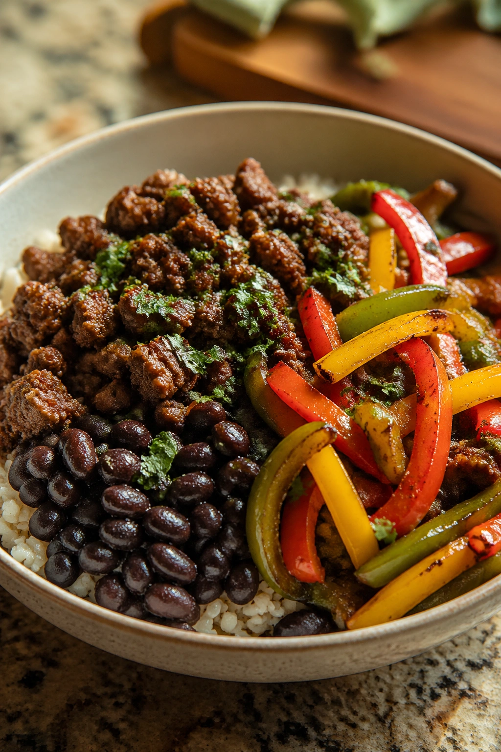 Beef burrito bowl with peppers and beans