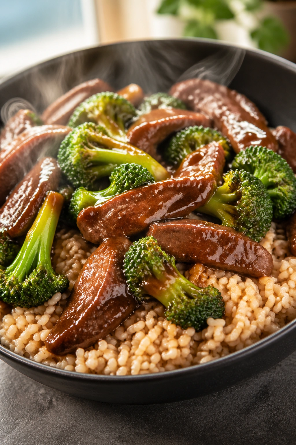 Beef and broccoli over brown rice on a plate in a warm kitchen