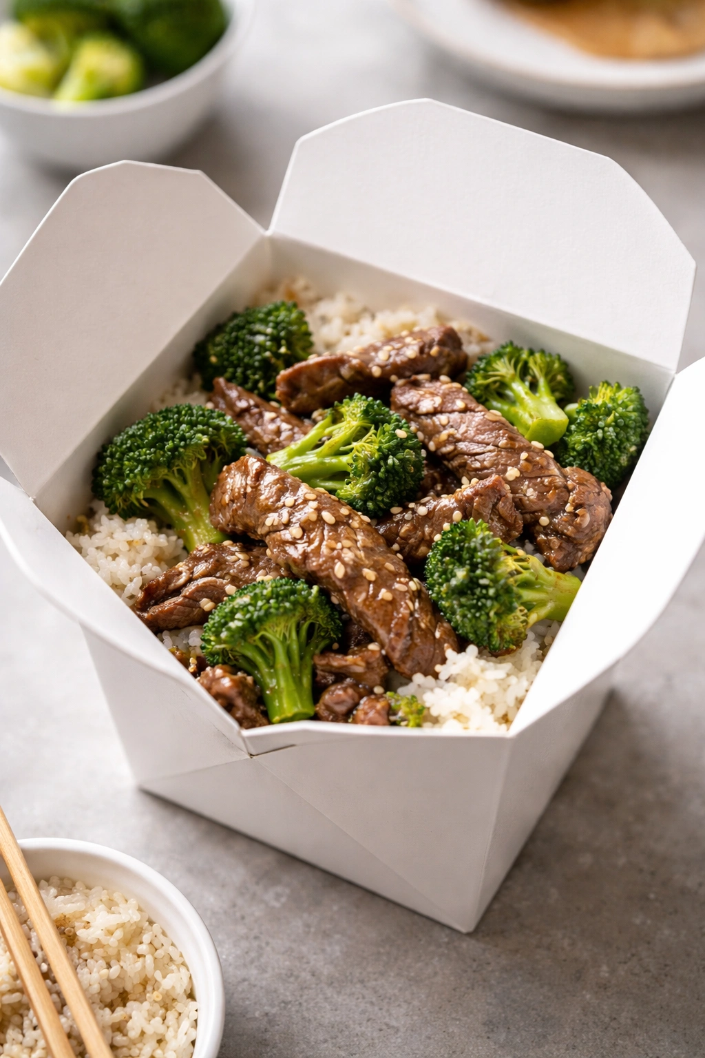Beef and broccoli rice box with beef slices, broccoli and rice in a takeout container
