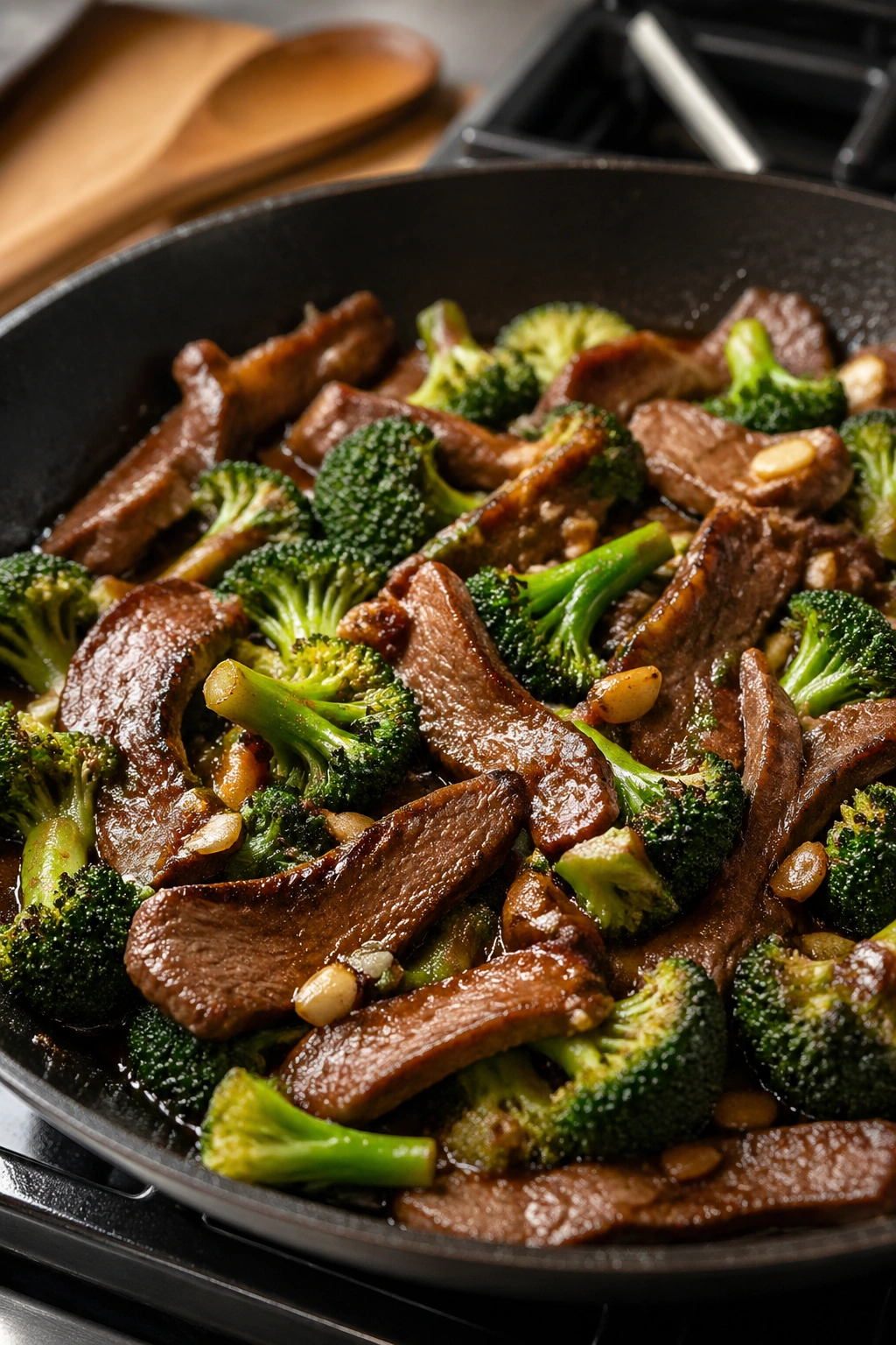 Close-up of beef and broccoli stir-fry in a skillet