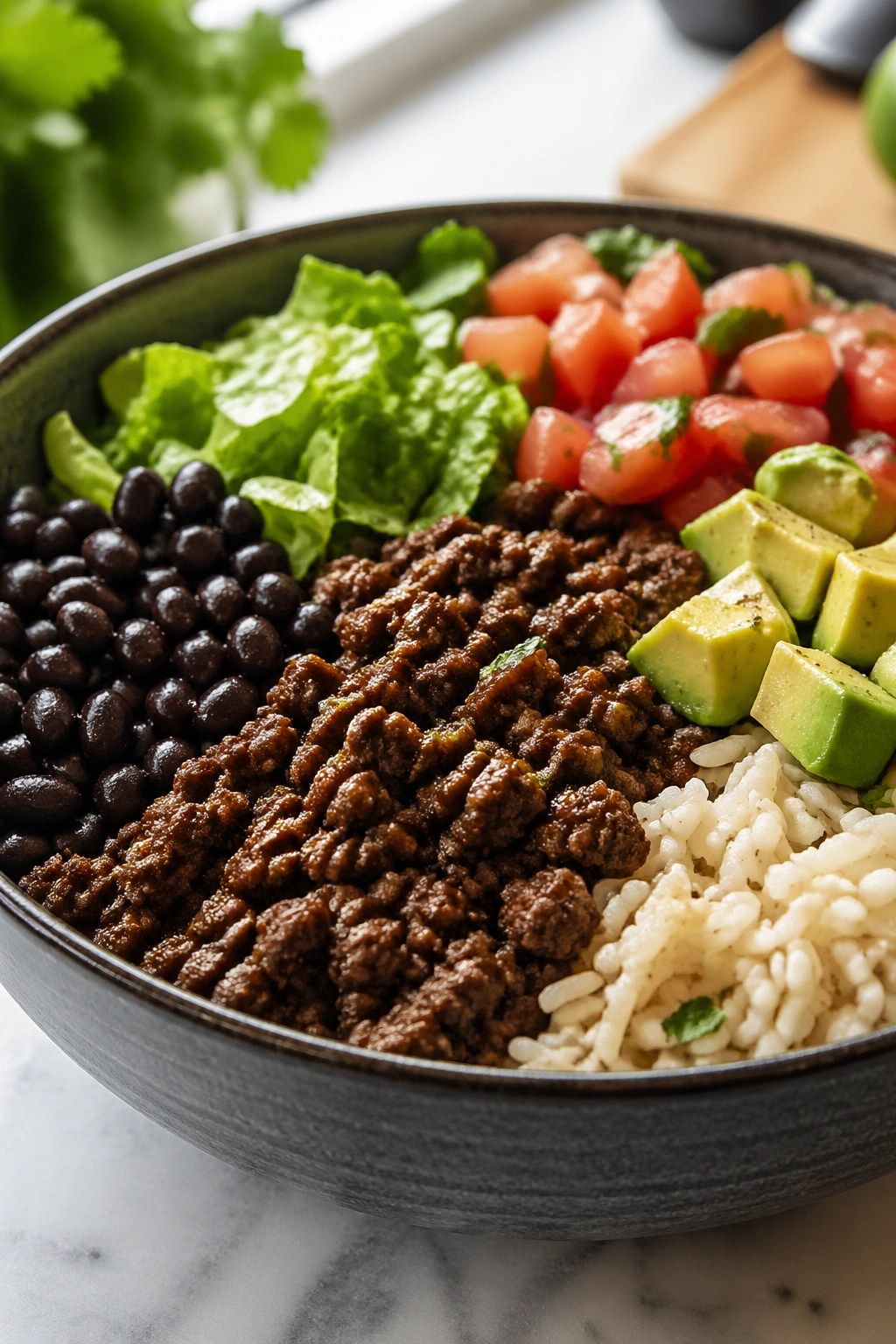 Close-up of lean beef burrito bowl with rice, beans, greens, and avocado