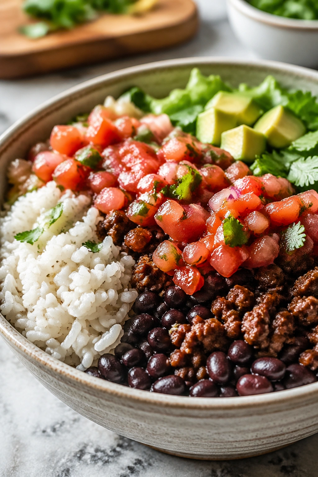 Colorful beef burrito bowl with rice, beans, and salsa on a bright kitchen counter