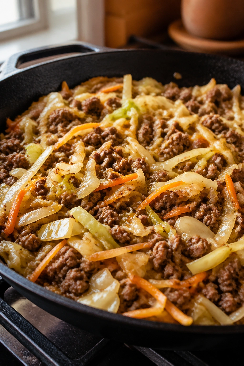 Close-up of beef and cabbage skillet on stove