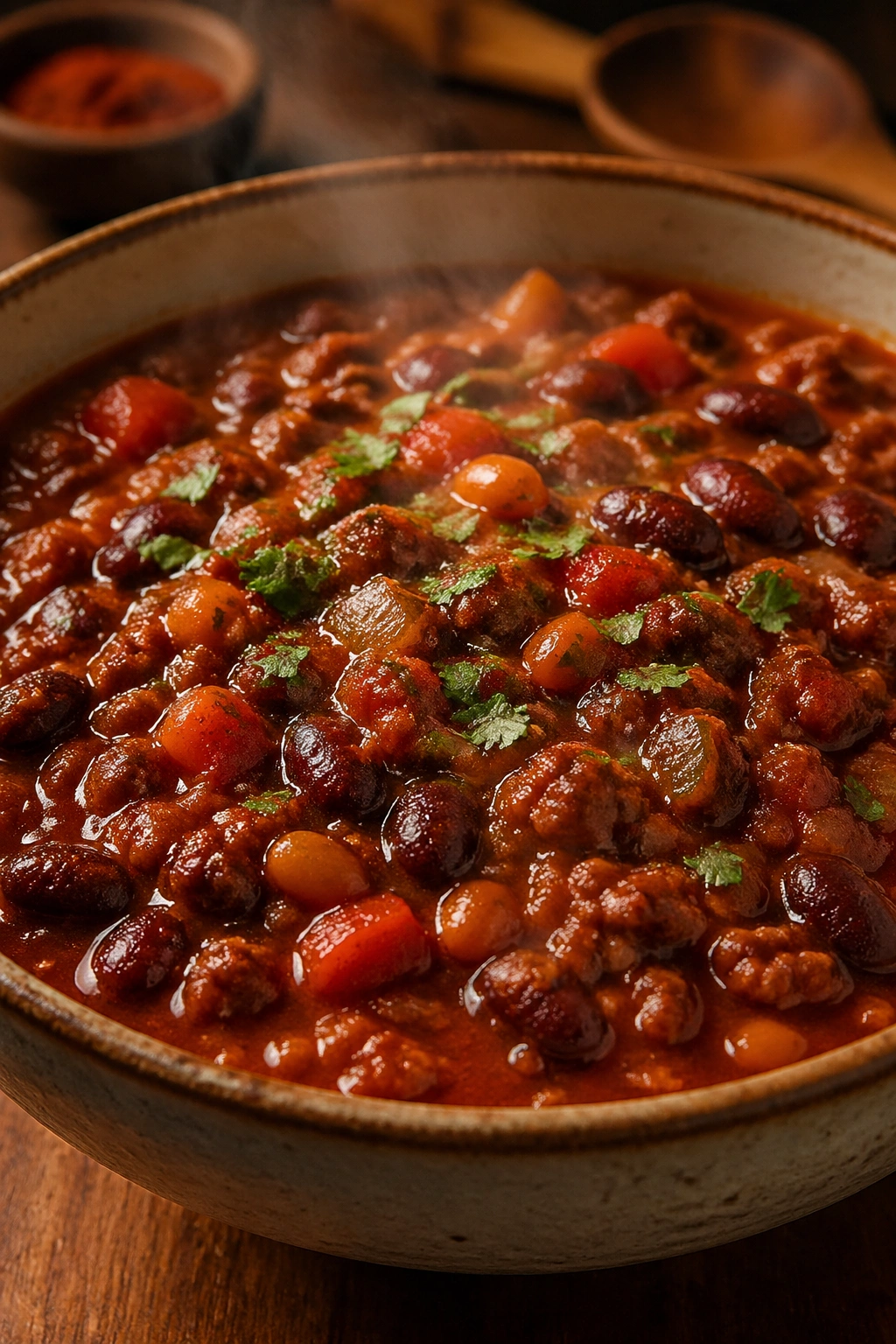 Close-up of lean beef chili in a ceramic bowl