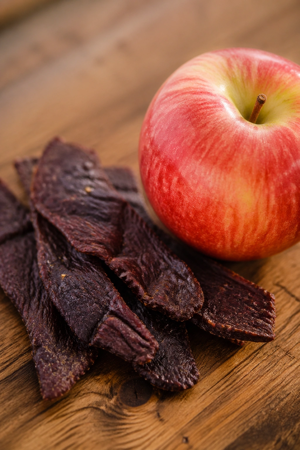 Beef jerky strips with an apple on a wooden board