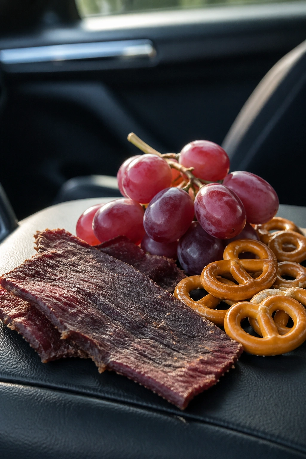 Close-up of beef jerky, grapes, and pretzels on car console with blurred interior