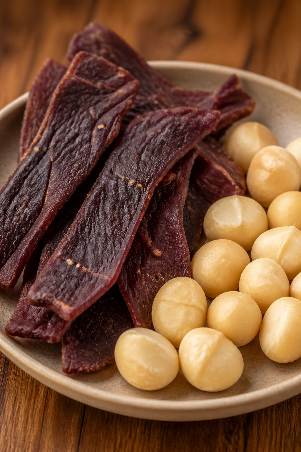Beef jerky with macadamia nuts on plate, keto post-workout snack