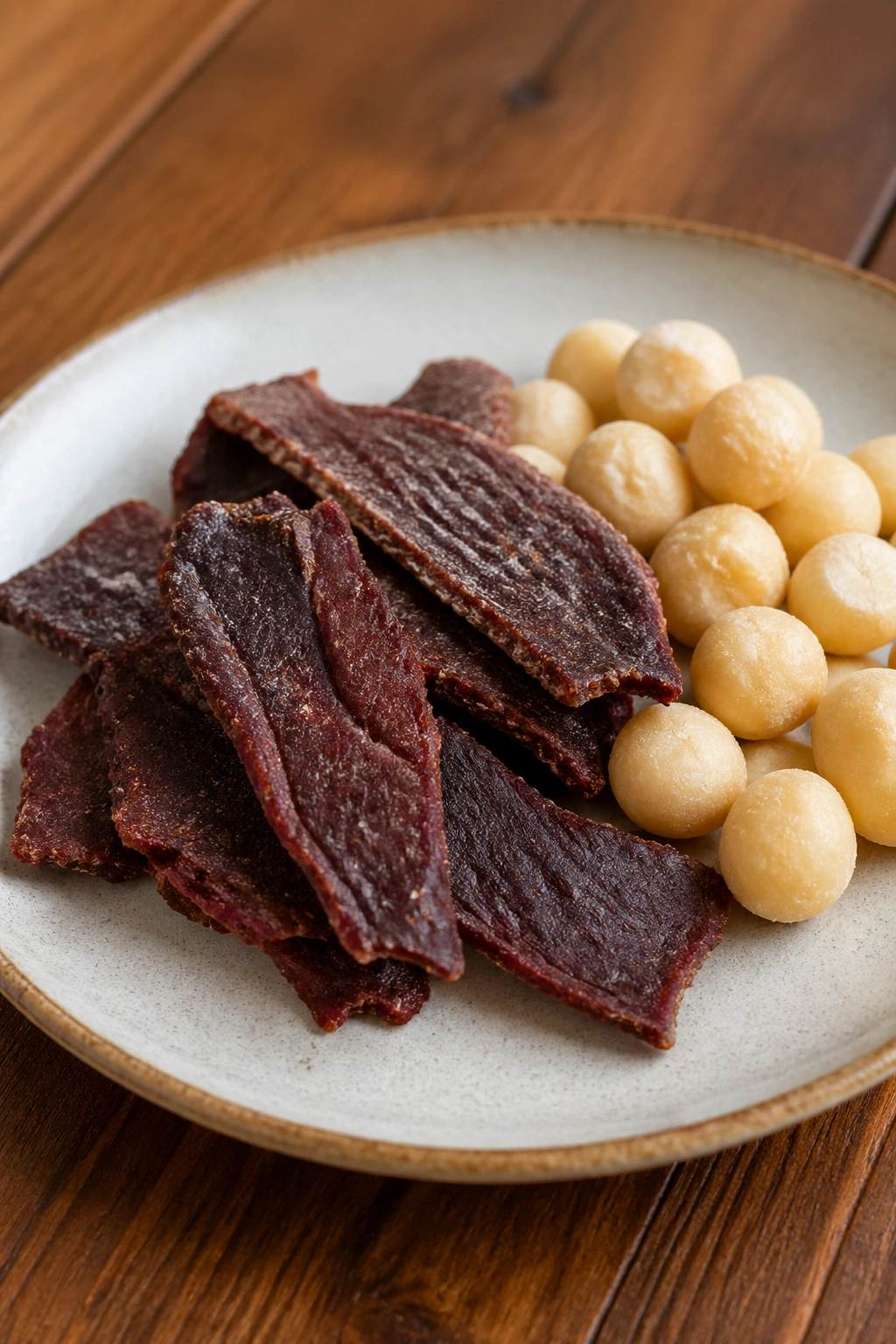 Beef jerky with macadamia nuts on a plate