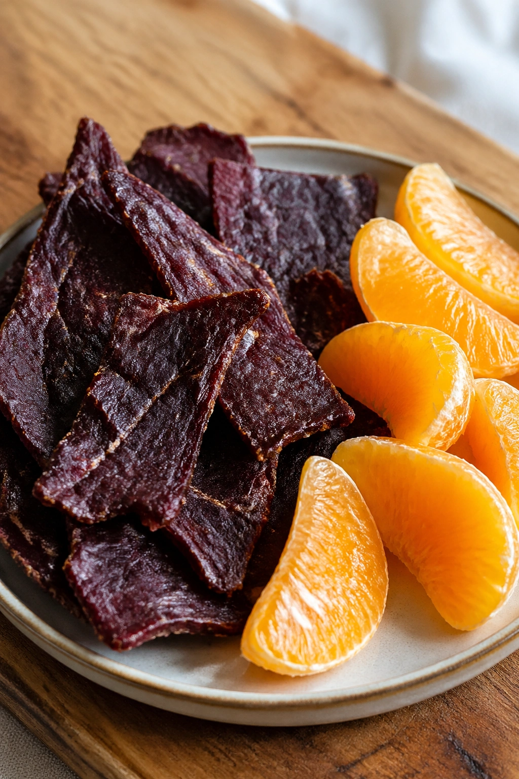Beef jerky with orange segments on plate