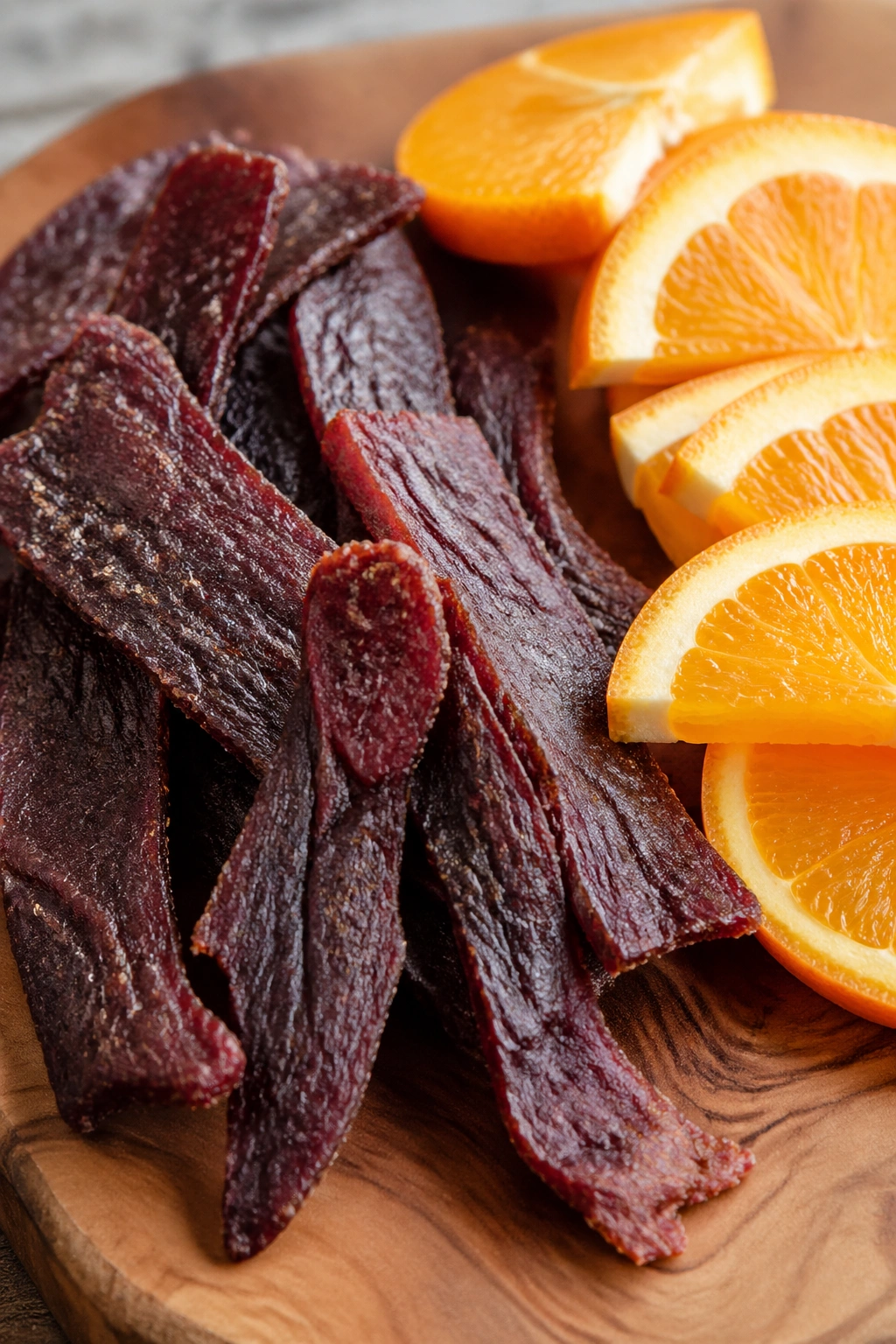 Beef jerky with orange slices on a cutting board