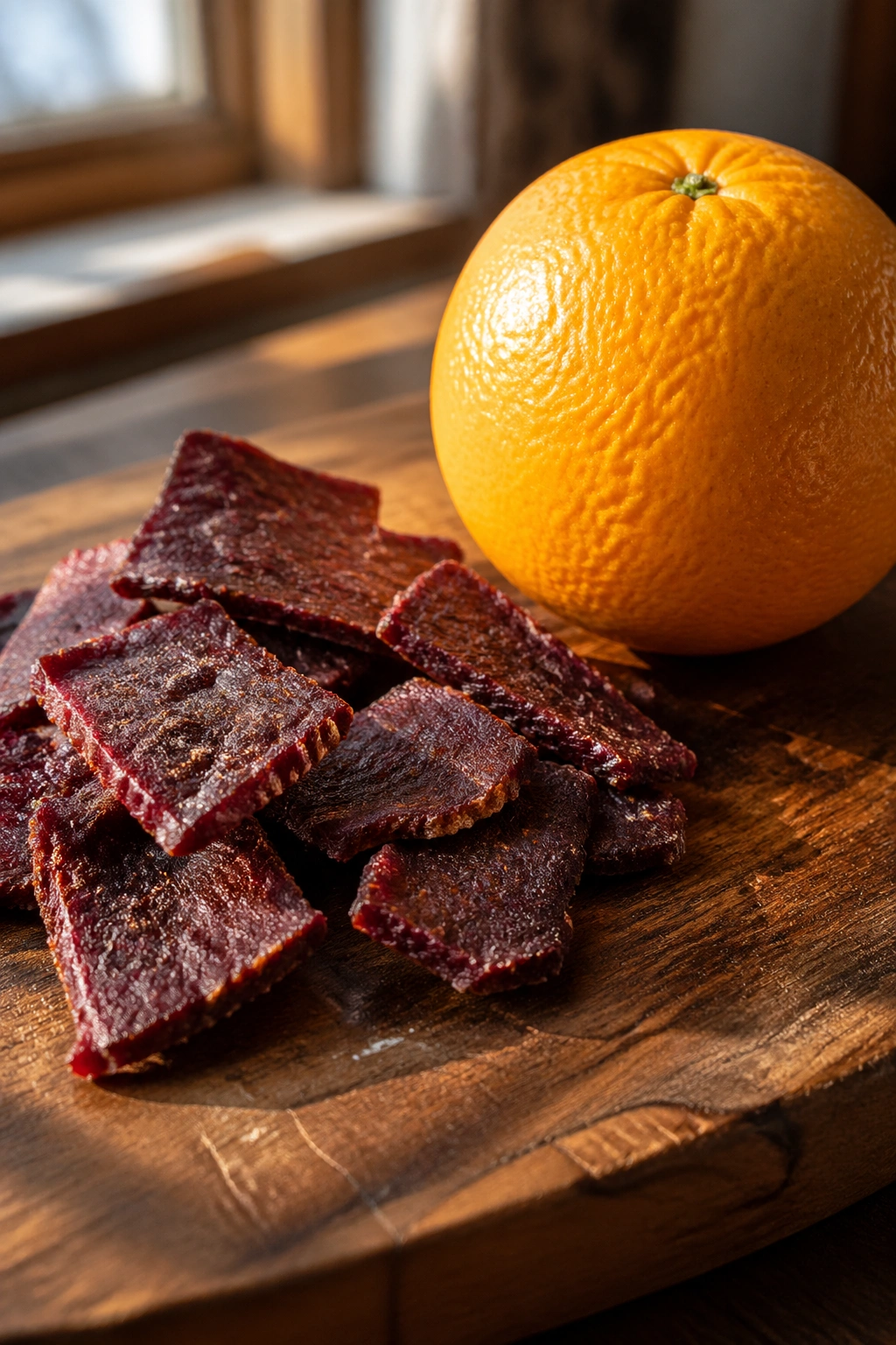 Close-up of beef jerky and orange on wooden cutting board in warm kitchen light