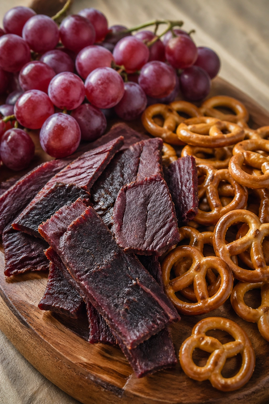 Close-up of beef jerky, pretzels, and grapes arranged on a board