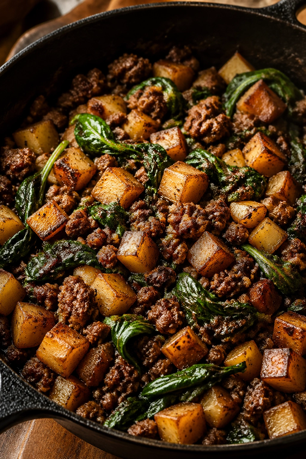 Skillet beef and potato hash with spinach.