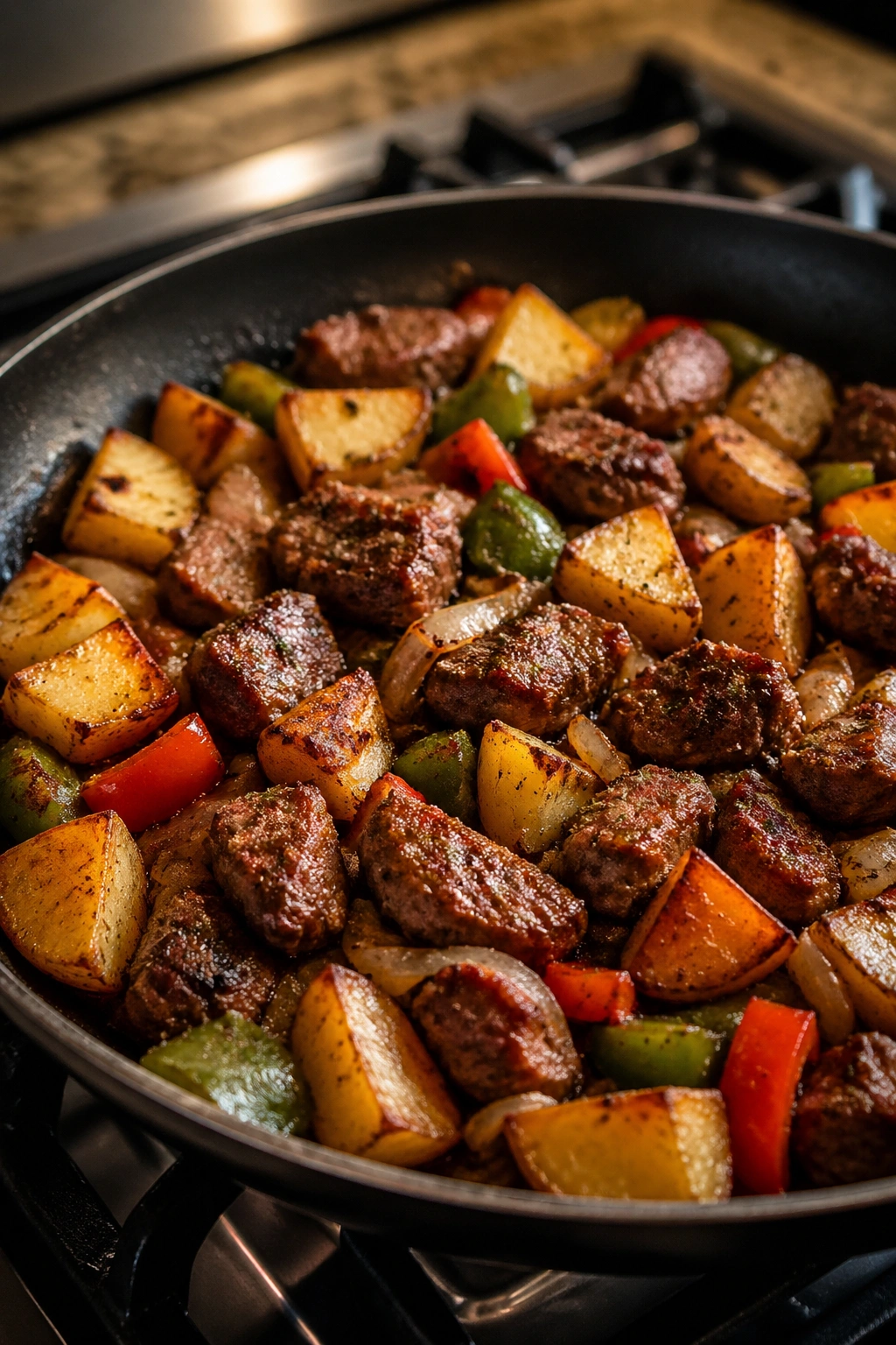 Beef and potato skillet packs in skillet on stove