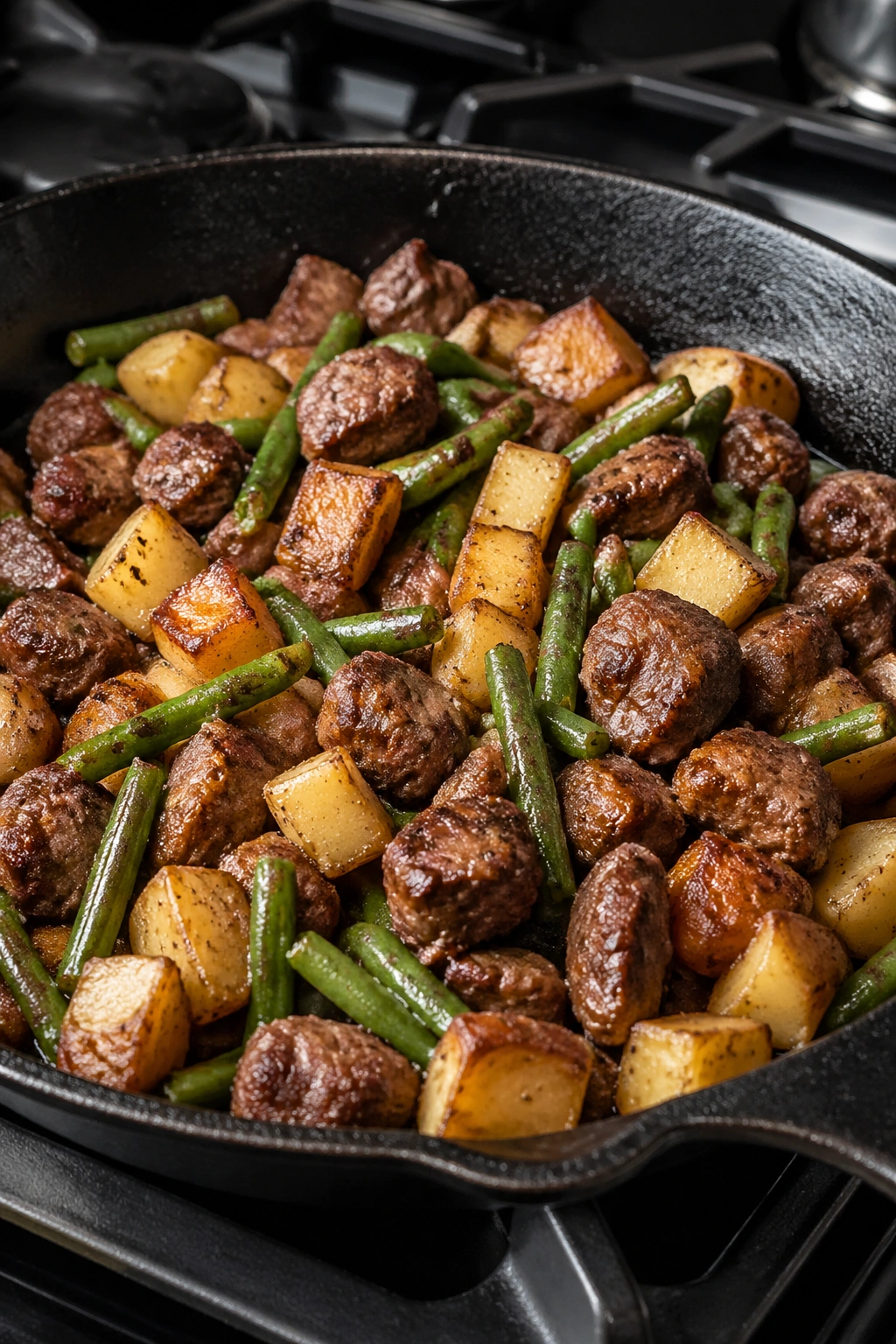 Cast-iron skillet with lean beef, potatoes, and green beans