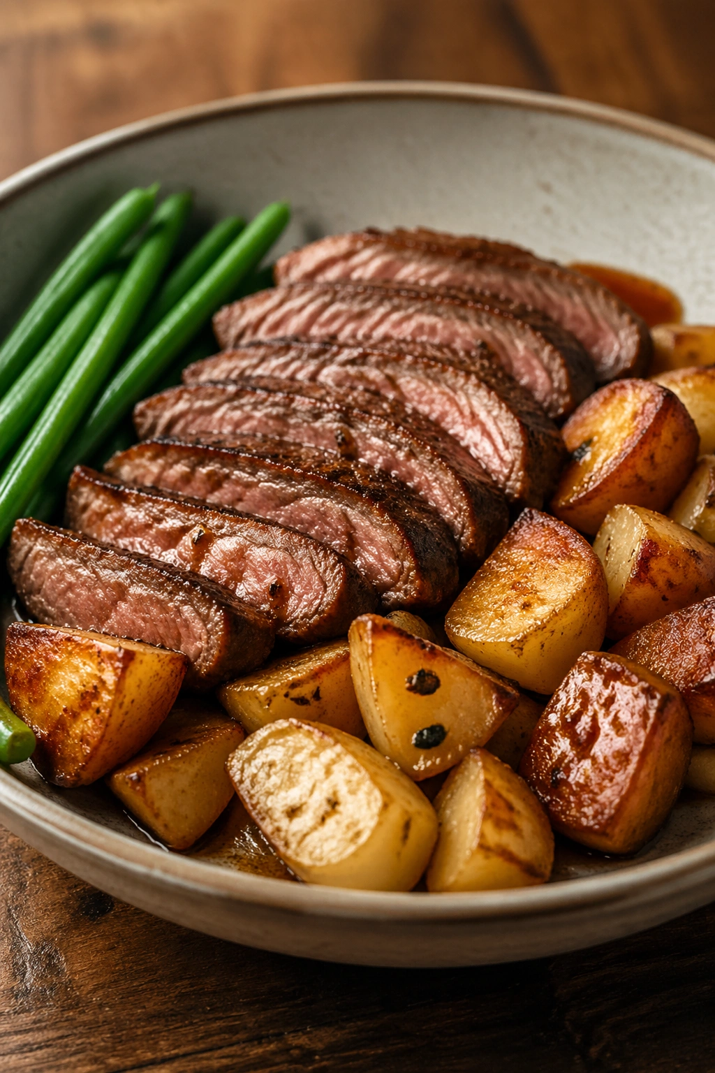 Beef and roasted potato bowl on wooden table