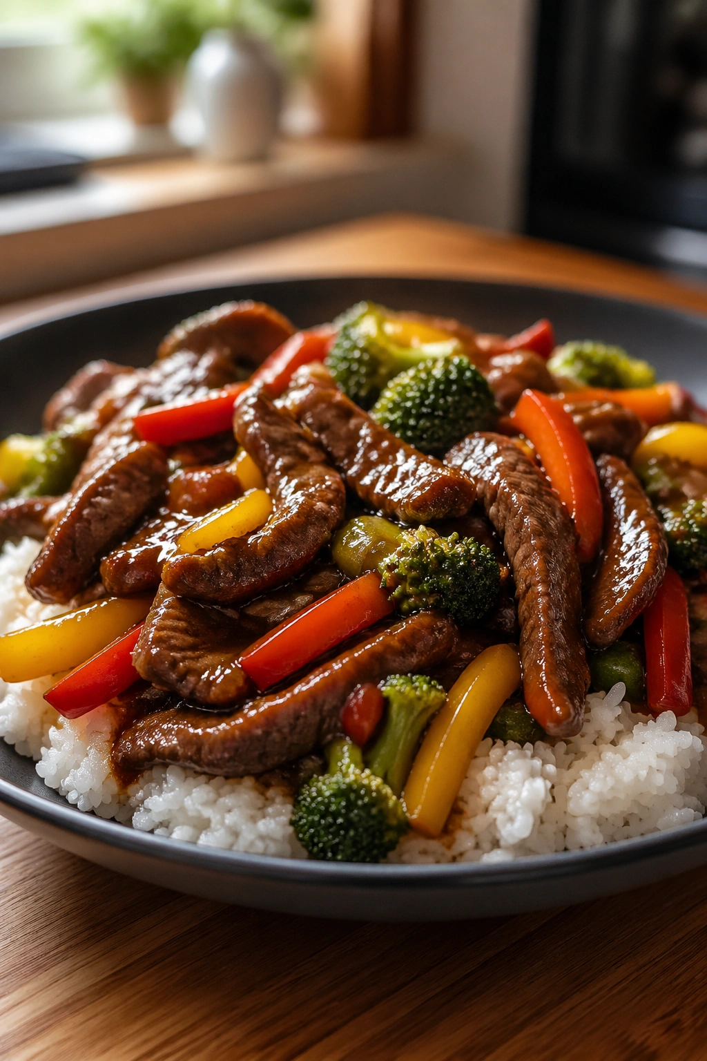 Close-up of beef stir-fry with rice on a wooden kitchen counter