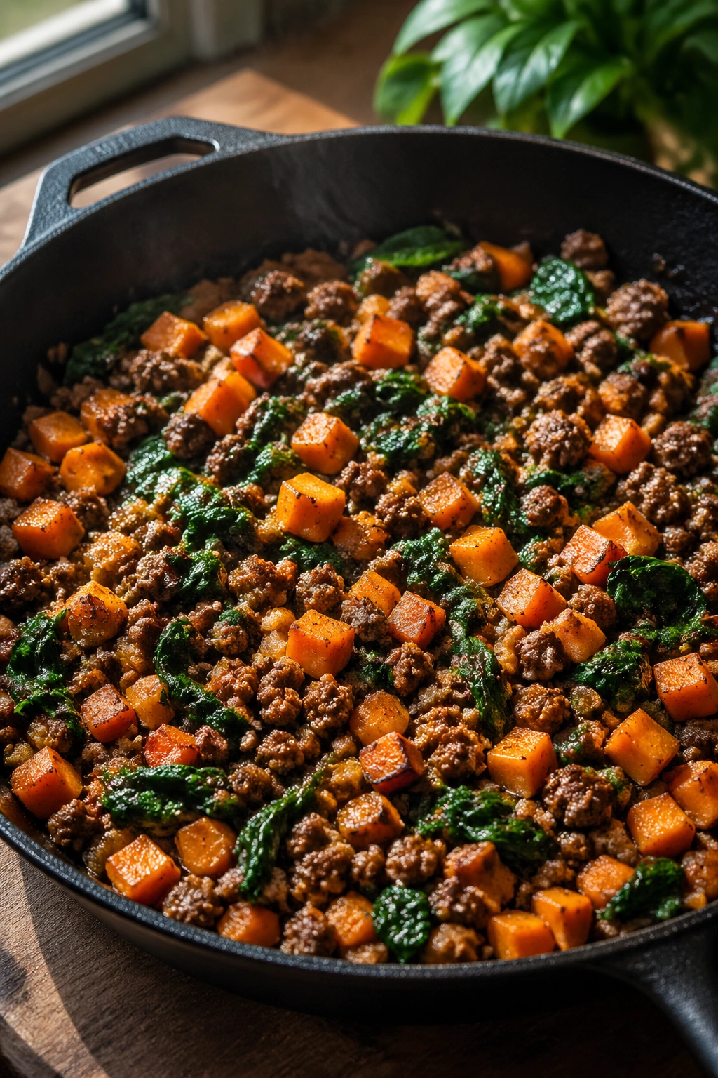 Close-up of beef and sweet potato skillet with spinach for post-workout lunch