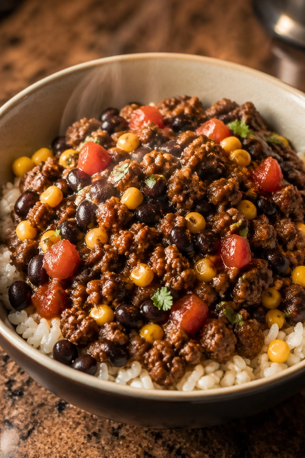 Beef taco bowl with beans and corn over rice in a prep-friendly bowl