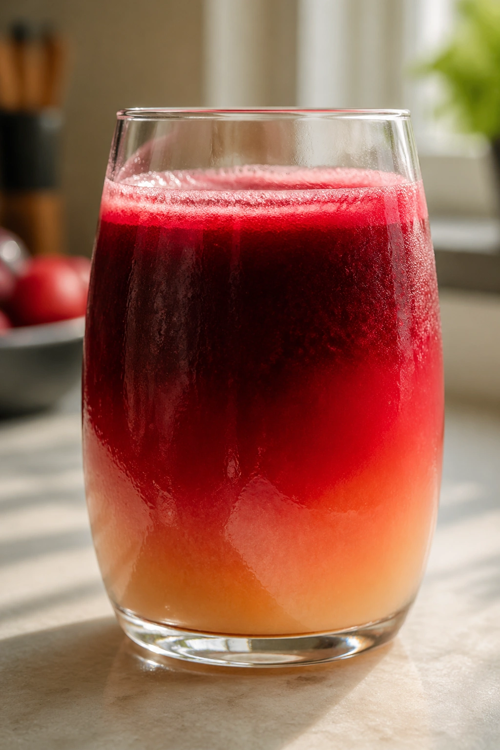 Glass of beet and apple juice on a kitchen counter