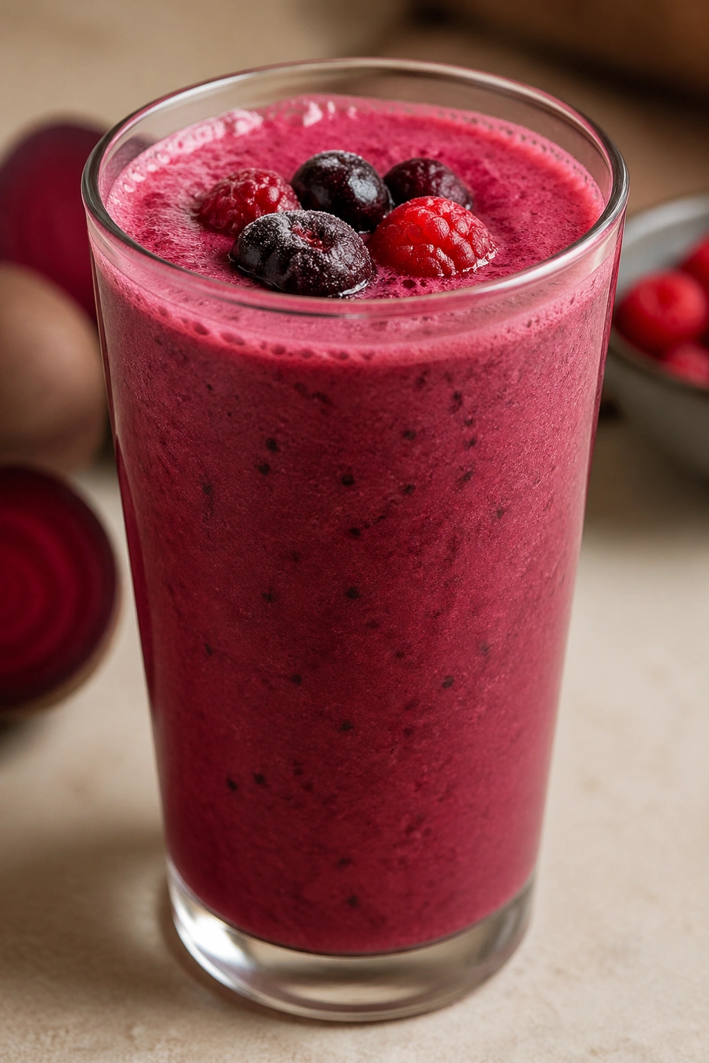 Deep magenta Beet Berry Post-Workout Protein Shake in a glass on a kitchen counter