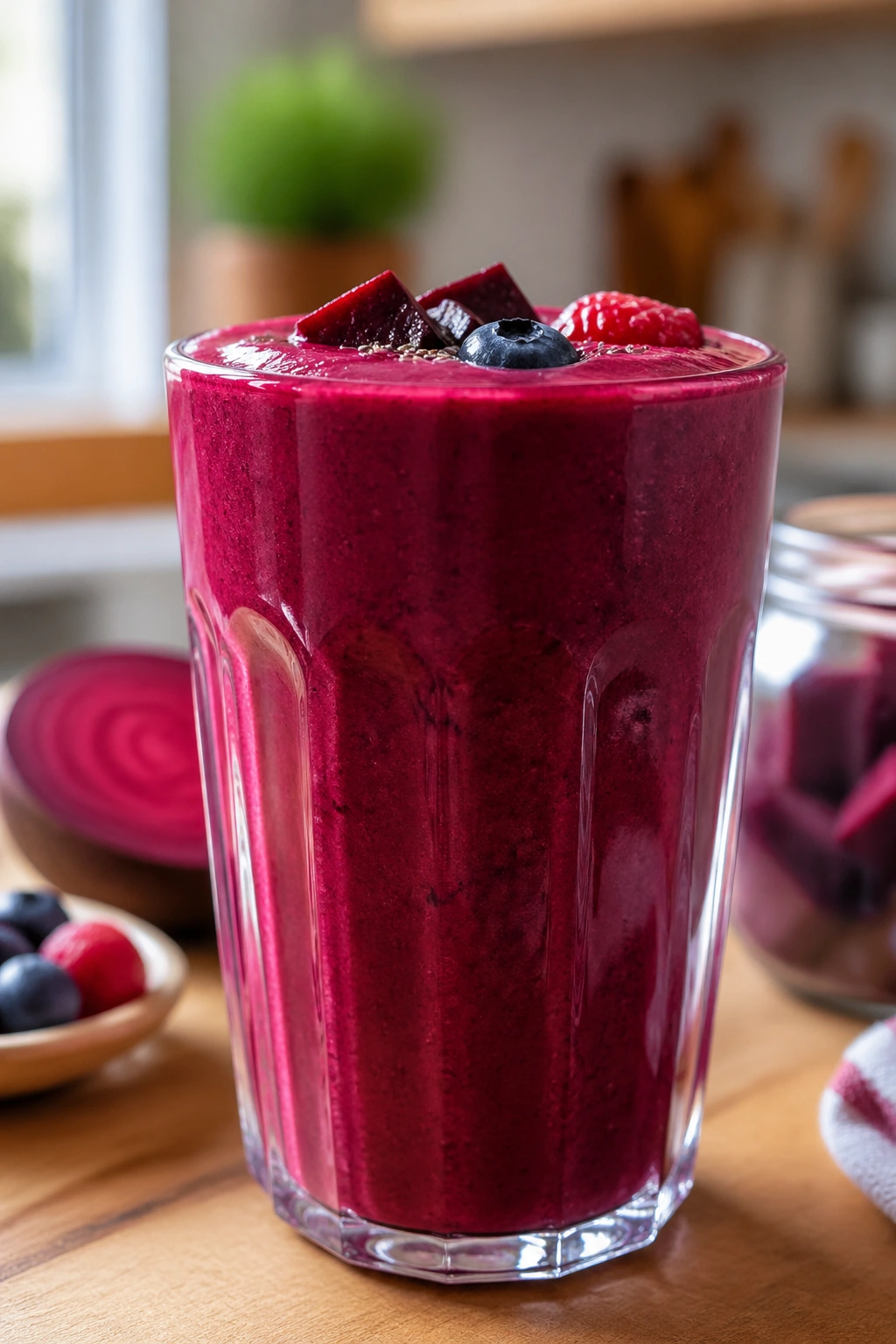 Close-up of Beet Berry Smoothie in a glass on a wooden countertop