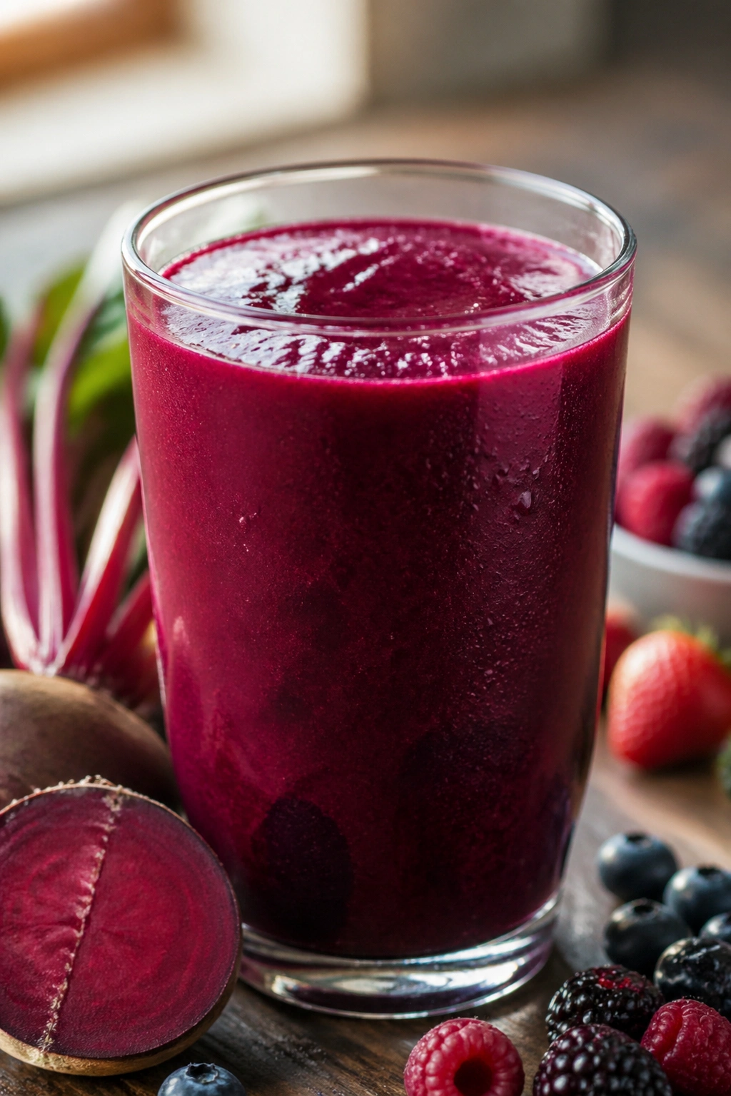 Beet and mixed berry endurance smoothie in glass on kitchen counter.