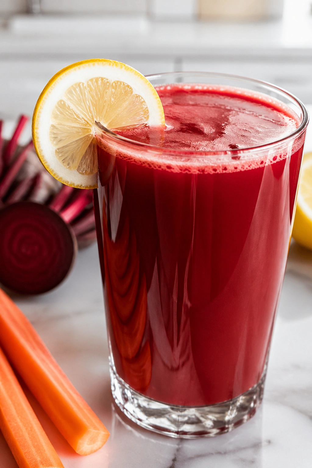 Close-up of Beet Carrot Lemon Tonic in a glass with a lemon wheel and carrot sticks nearby
