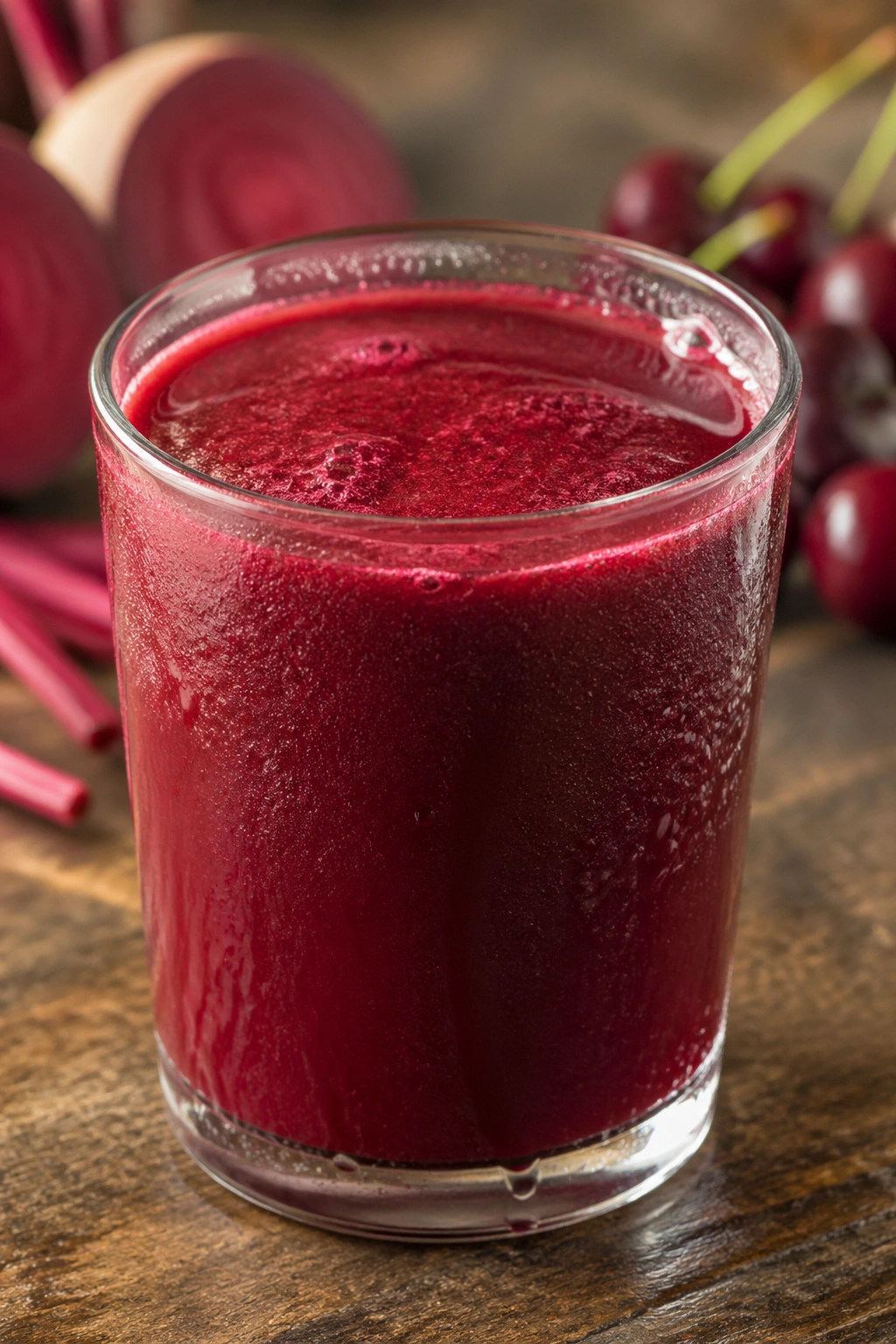 Small glass of beet cherry juice on a rustic counter