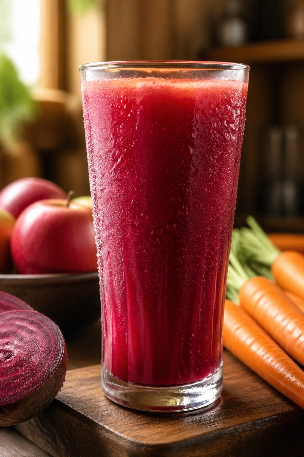 Close-up of beet-apple-carrot juice in a glass on a rustic kitchen counter