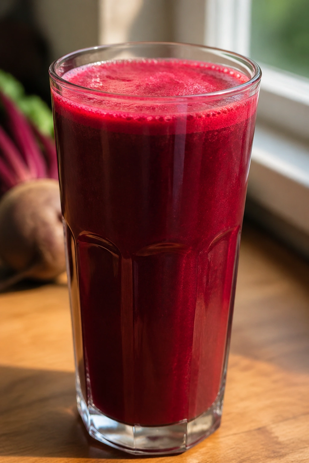 Tall glass of bright beet juice on a wooden counter