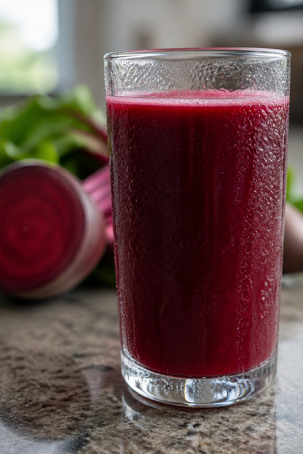 Glass of beet juice on a kitchen counter