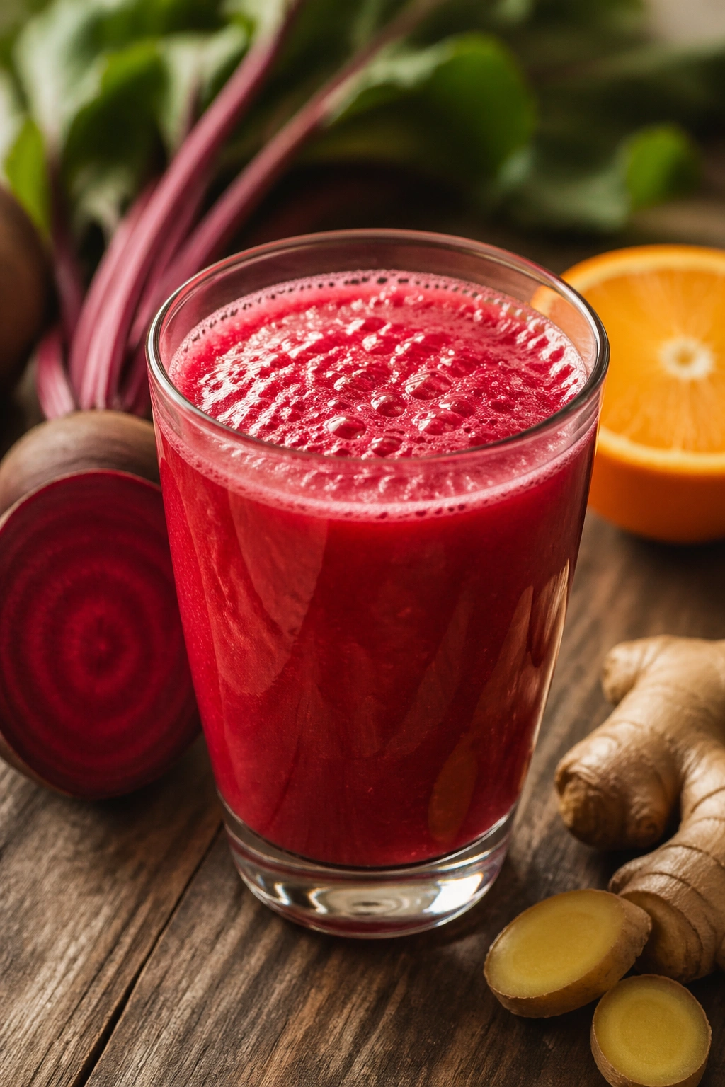 Bright beet-orange-ginger juice in a glass on a rustic wooden table.