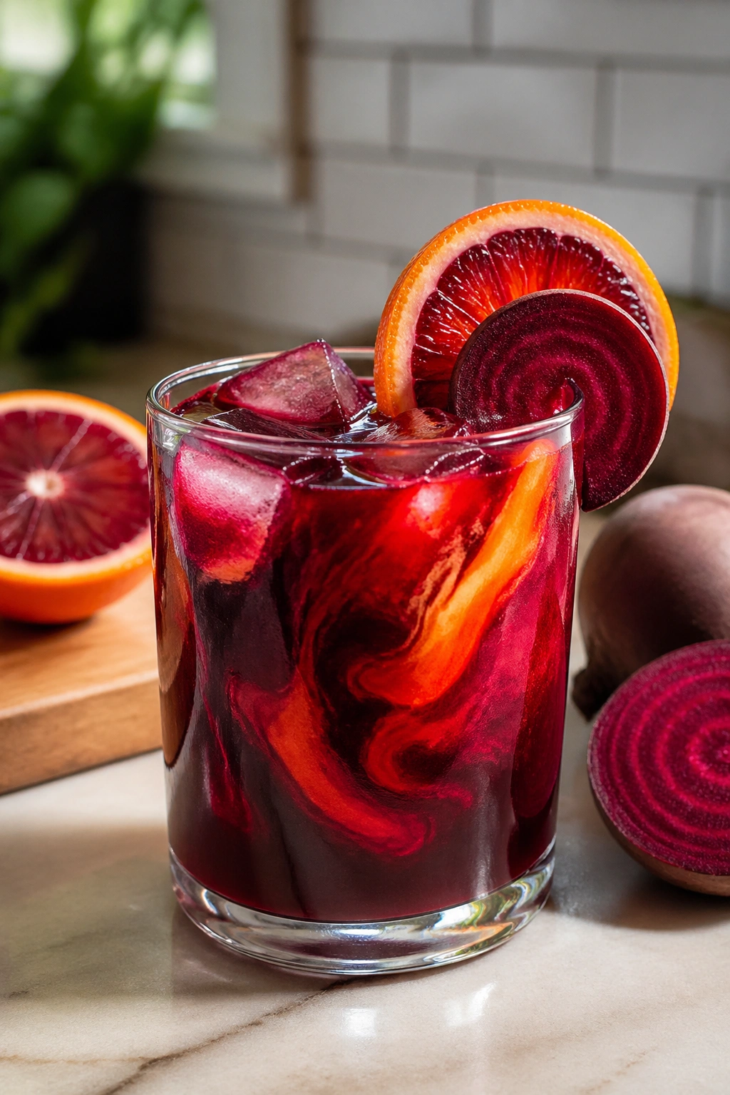 Close-up of a glass with beet and blood orange juice and ice