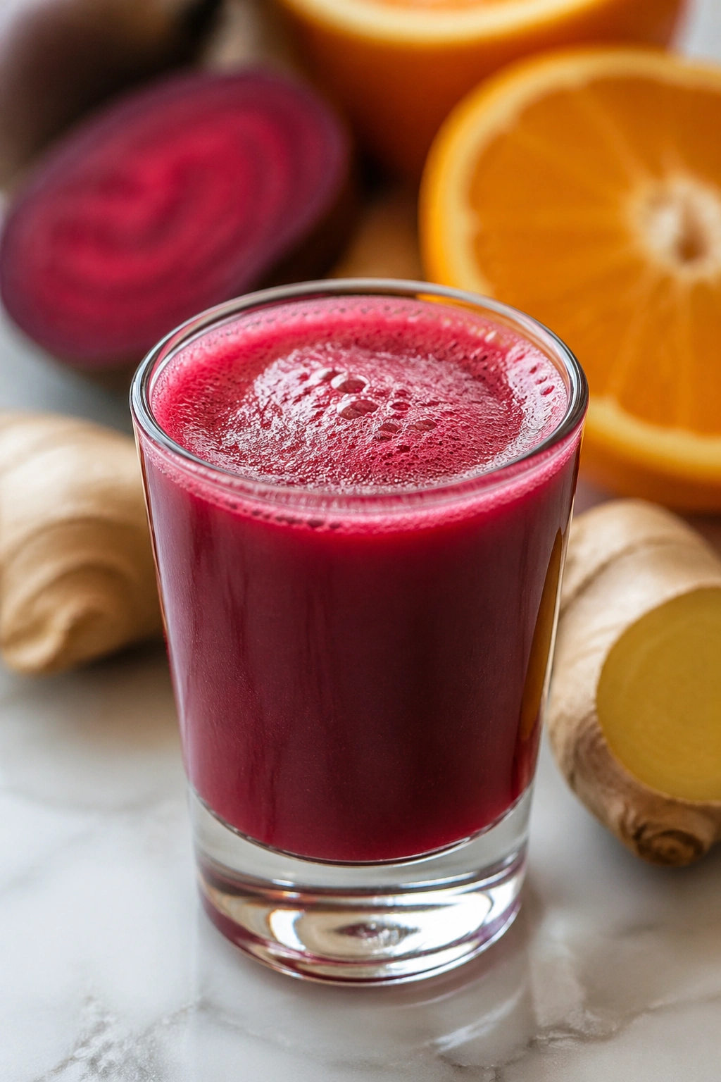 Beet orange ginger juice shot in glass