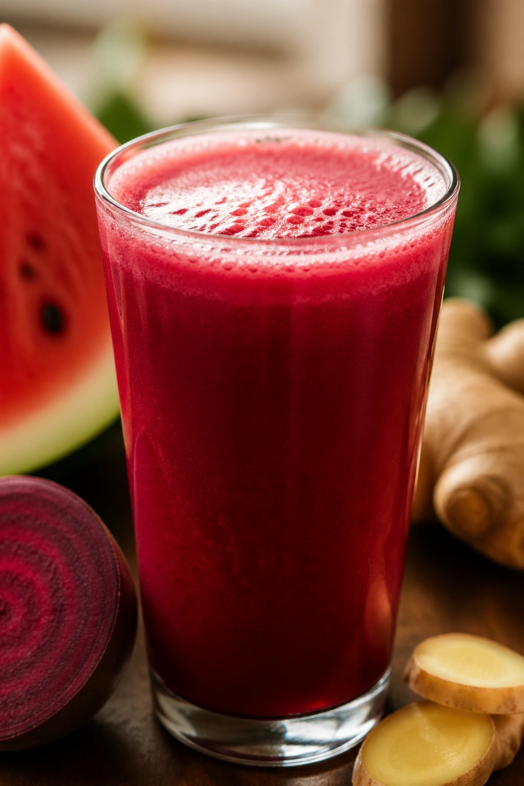 Close-up of beet watermelon ginger juice in a glass.