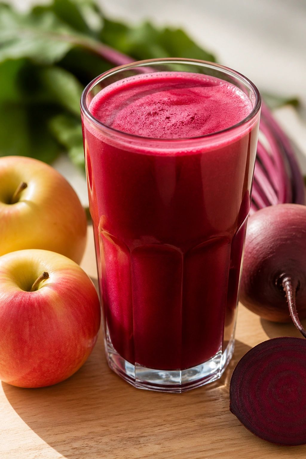 Tall glass of beetroot apple juice on a wooden surface.