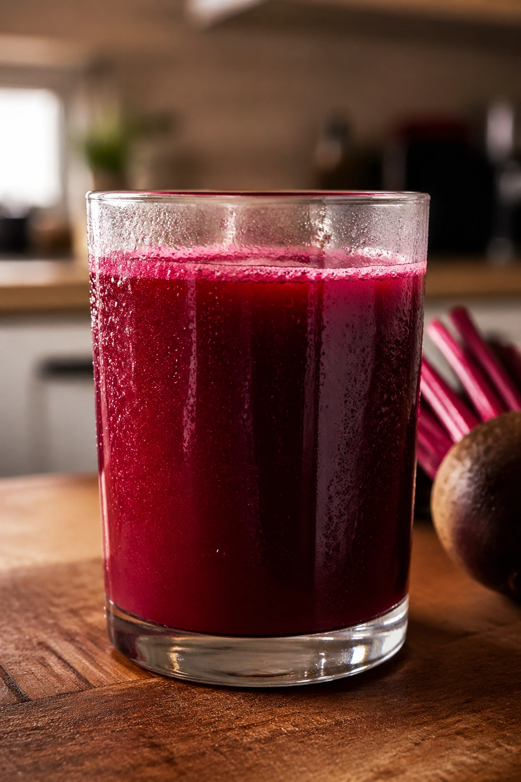Glass of beetroot juice with condensation on a kitchen counter