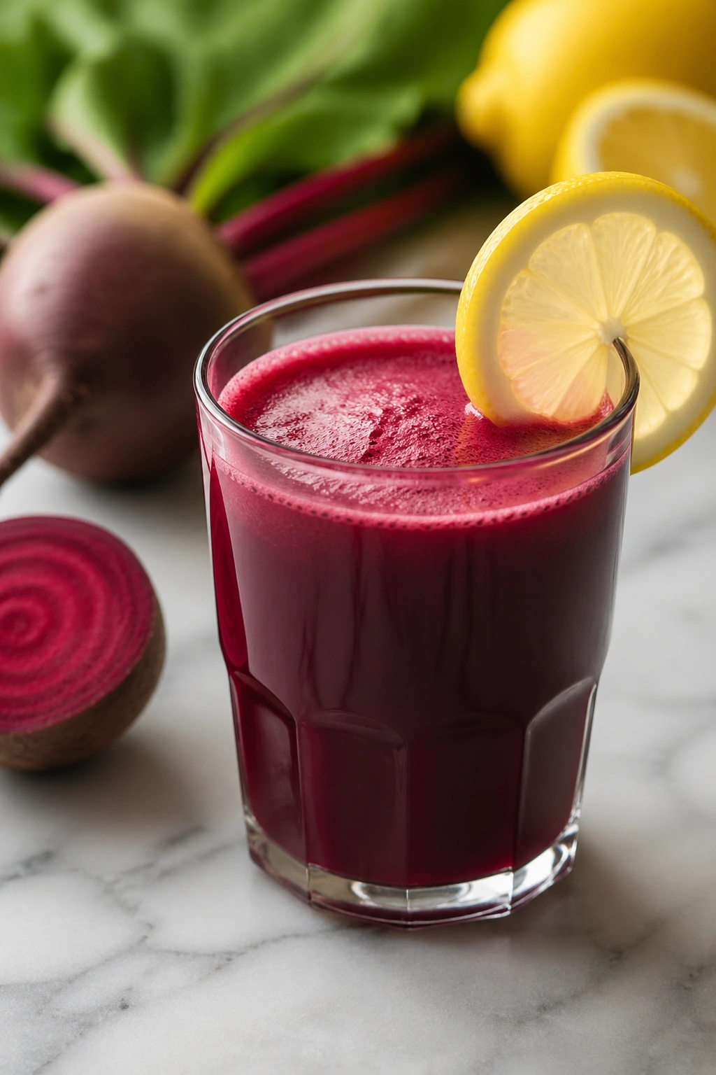 Vibrant beetroot juice in a glass with lemon slice