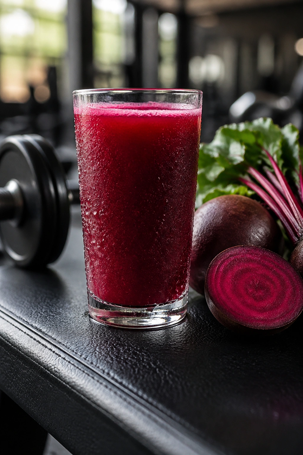 Close-up of beet juice in a glass on gym bench with weights in background