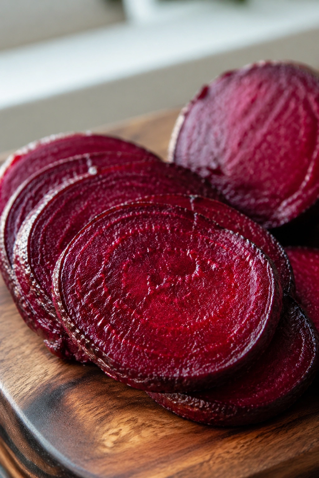 Close-up of roasted beetroot slices with vivid magenta color on a wooden board