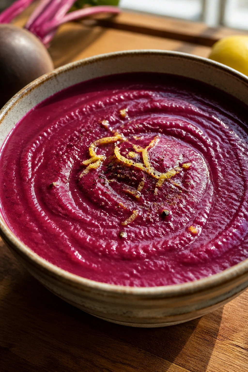 Close-up of vibrant beetroot soup with lemon zest in a rustic ceramic bowl