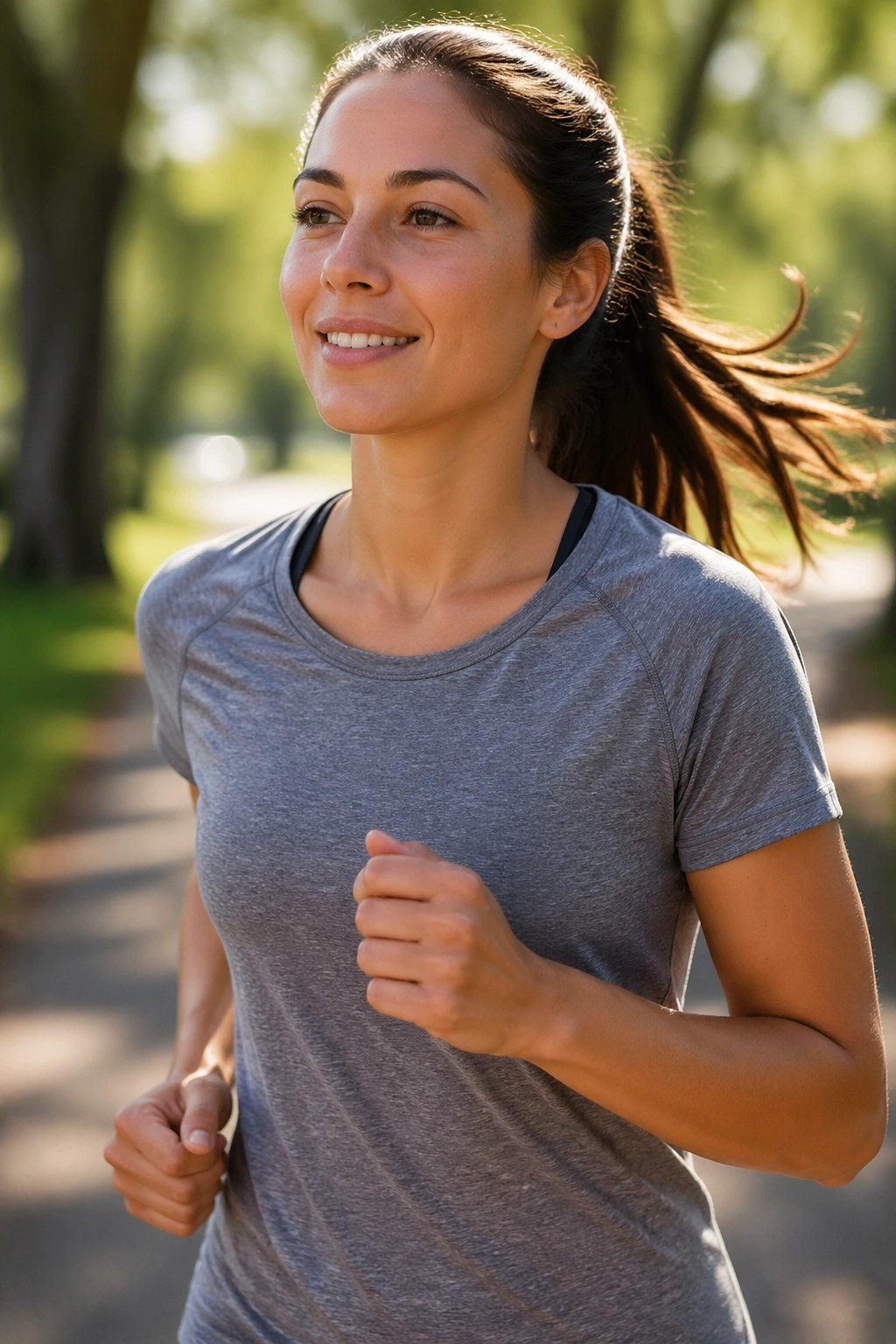 Beginner jogger in park, relaxed posture, soft background