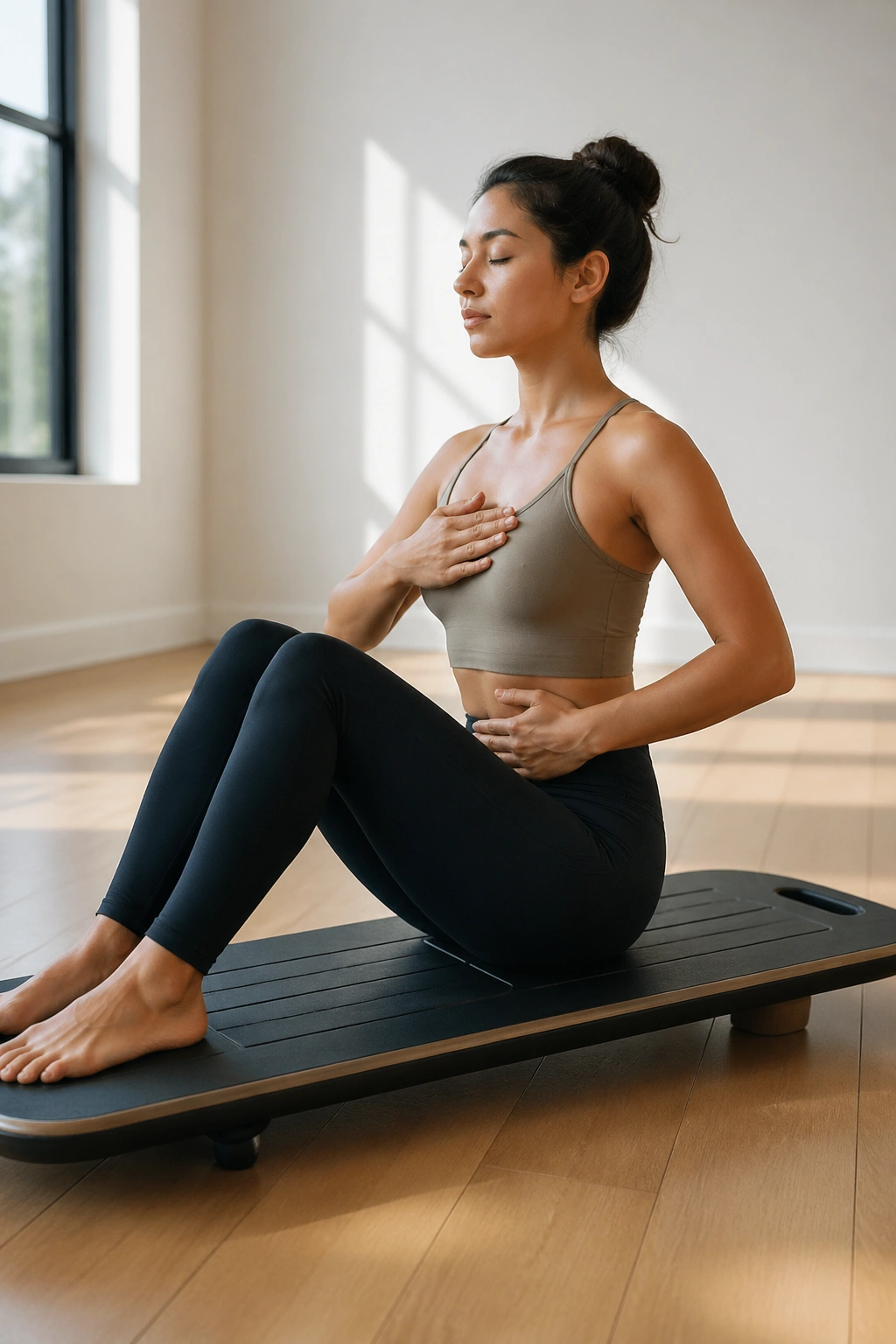 Real person seated on a Pilates board performing seated breathing and pelvic tilt as part of a beginner routine.