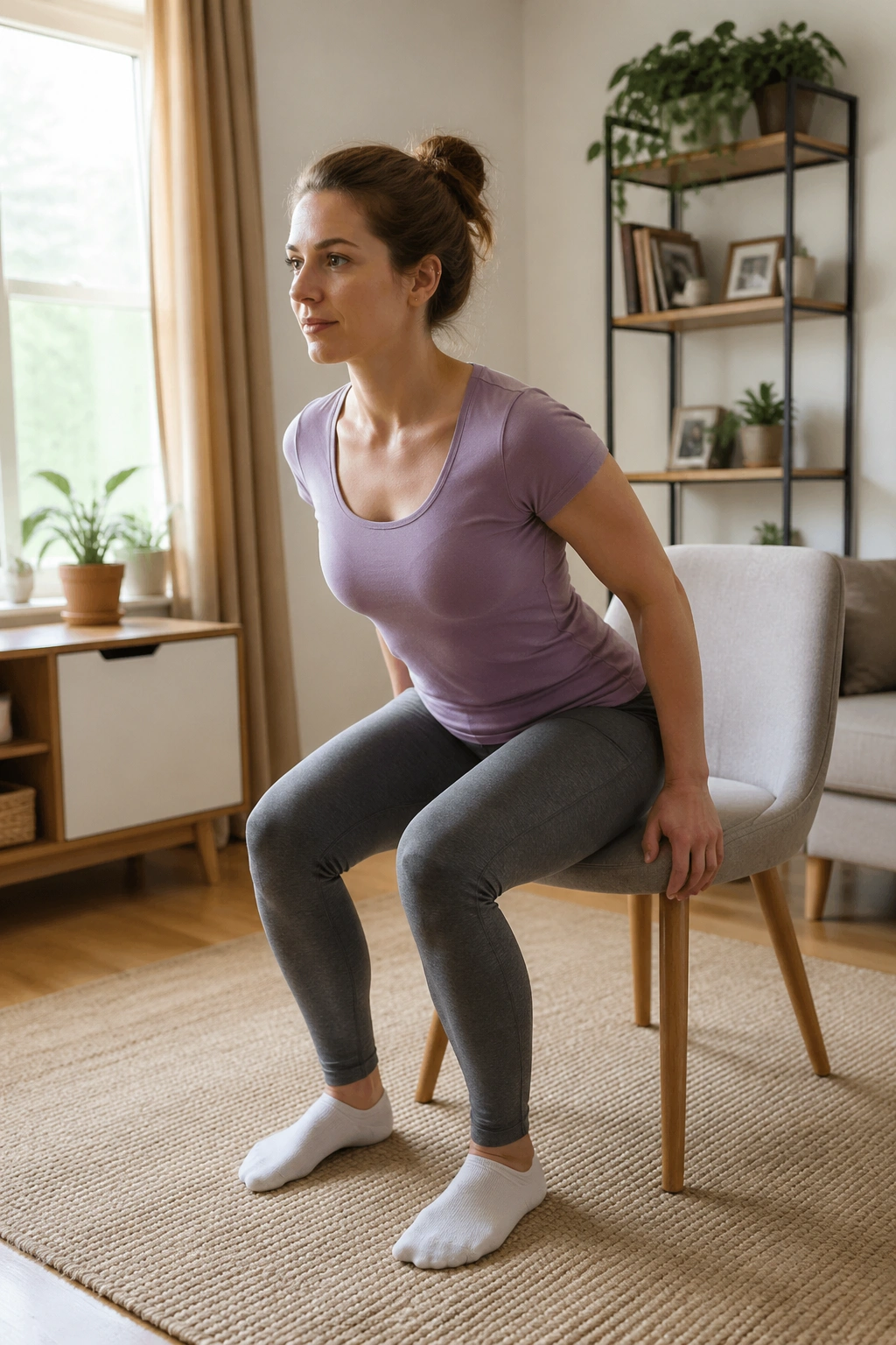 Woman doing chair sit-to-stand in a cozy living room during a beginner workout