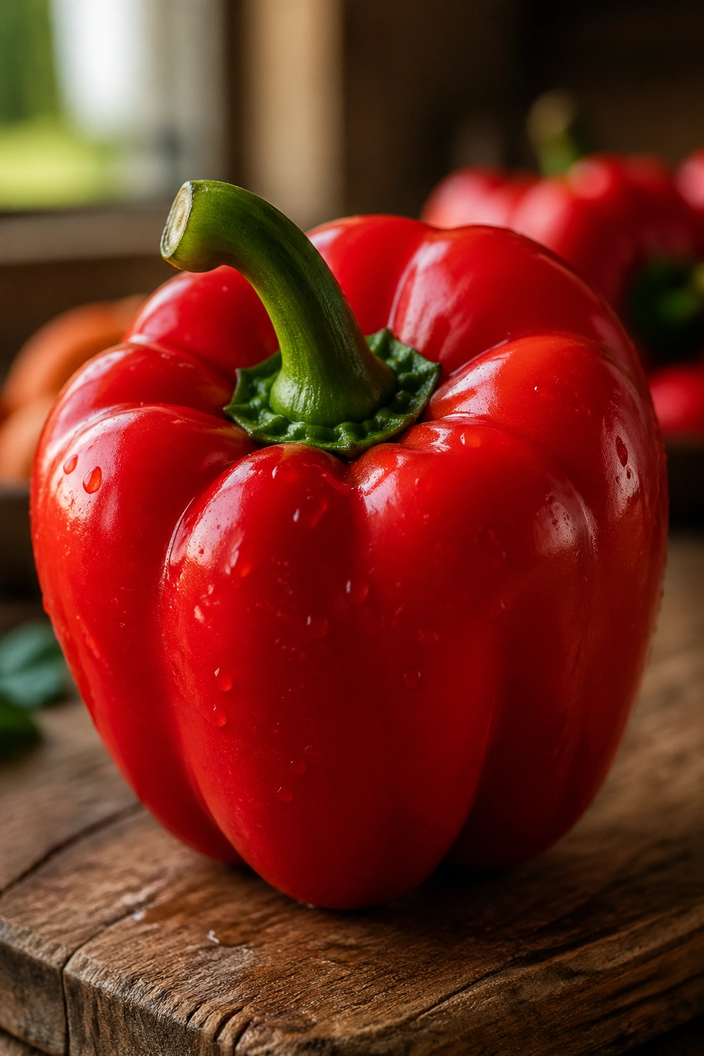 Close-up of a glossy red bell pepper dominating a rustic wooden kitchen countertop