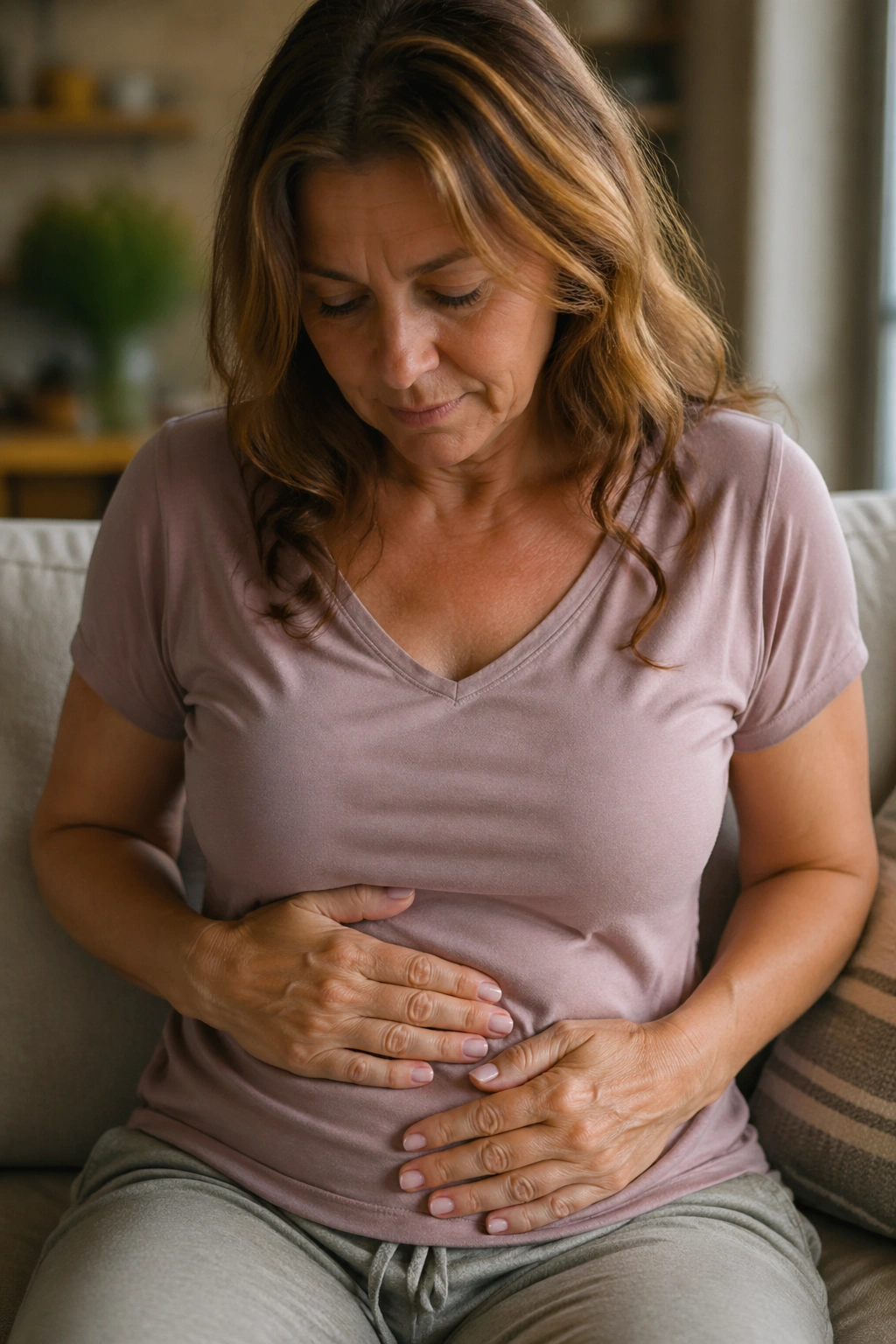 Close-up of a woman's abdomen showing bloating awareness