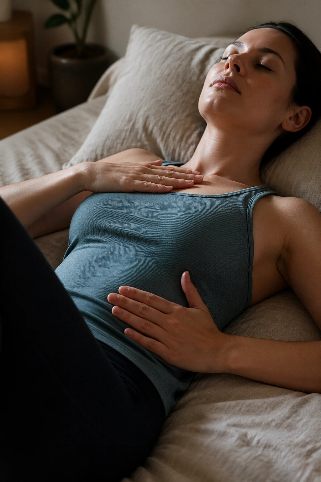Close-up demonstrating diaphragmatic belly breathing with hands on chest and ribs