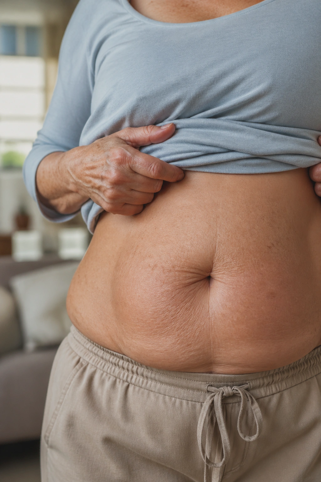 Close-up of belly fat on an older woman's midsection in a home setting